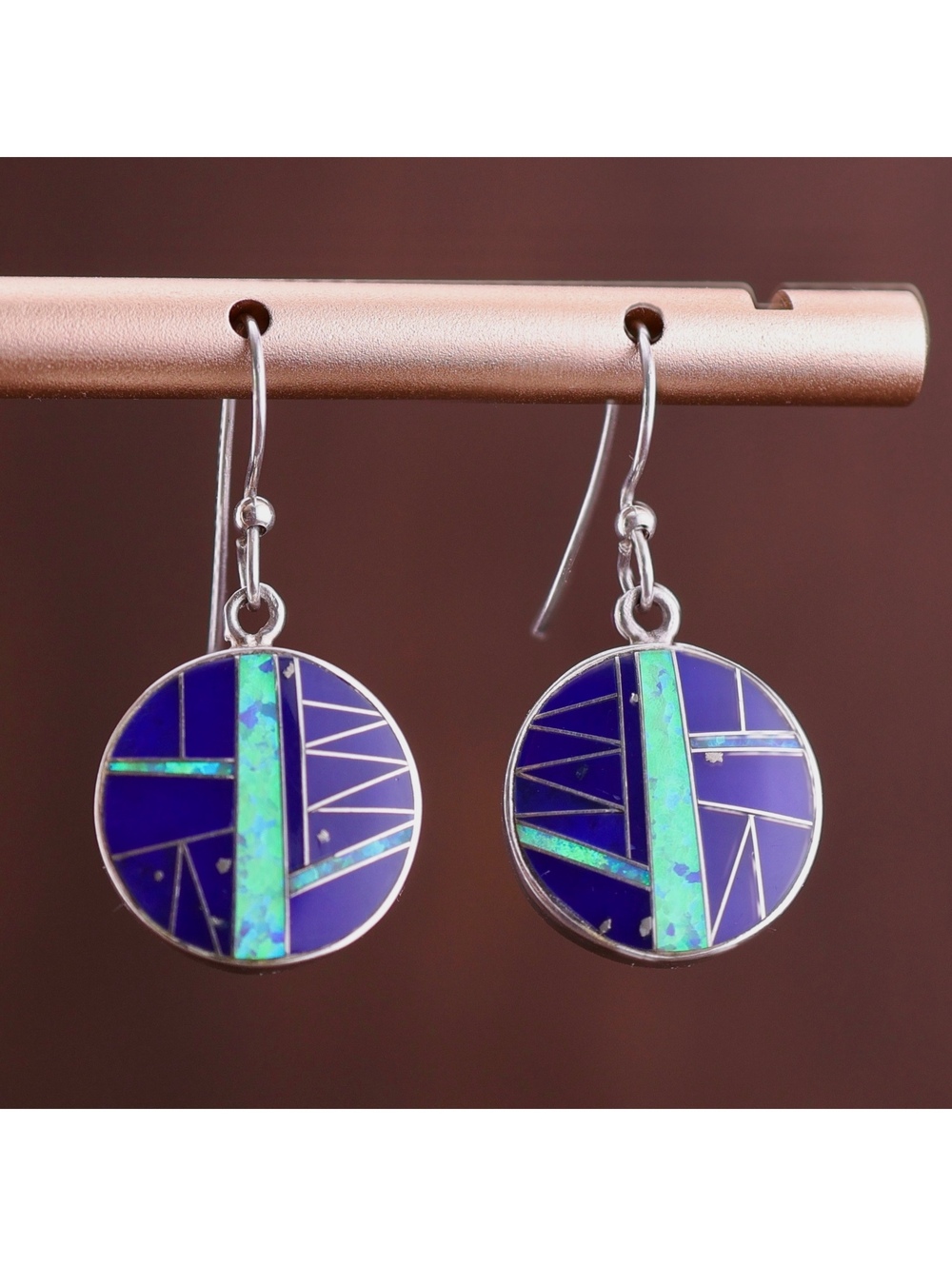 Navajo Jeffrey Nelson Sterling Silver Lapis & Green Fire Opal Inlay Earrings